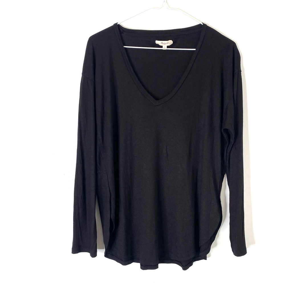 Madewell Black Relaxed V Neck Long Sleeve Tee Curved Hem Split Side Minimalist